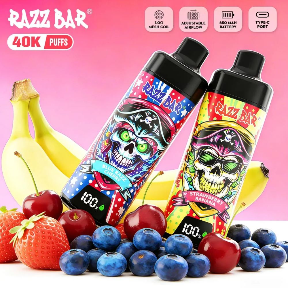 GEO-RazzBar 40K PUFFS is shown in a bright fruit-themed display, highlighting bold flavor styling alongside mesh coil, adjustable airflow, a 650mAh battery, and Type-C charging